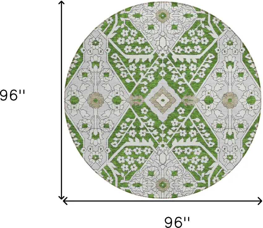 8' Green Gray And Taupe Round Floral Washable Indoor Outdoor Area Rug Photo 3