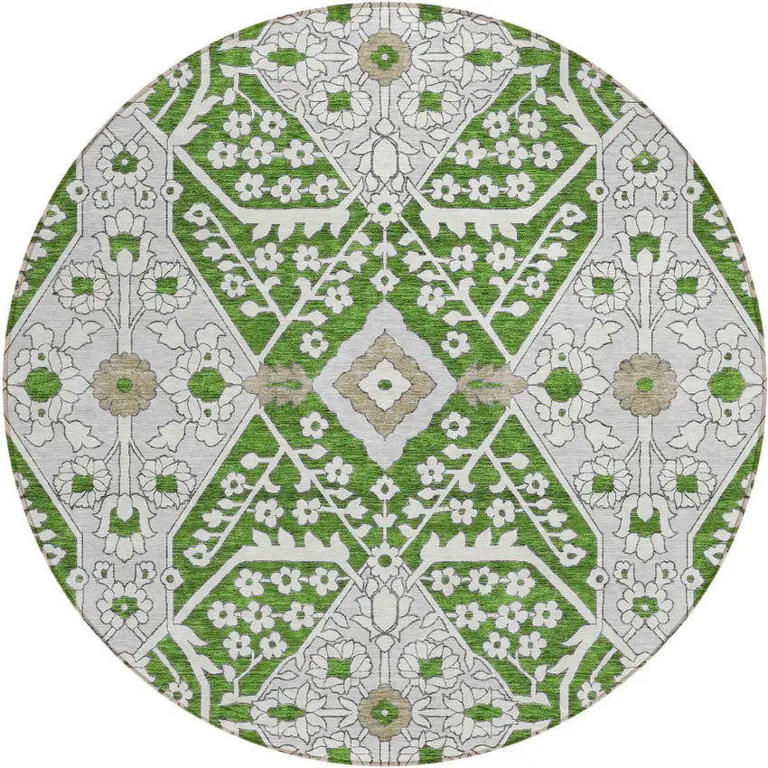 8' Green Gray And Taupe Round Floral Washable Indoor Outdoor Area Rug Photo 2