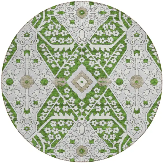 8' Green Gray And Taupe Round Floral Washable Indoor Outdoor Area Rug Photo 2