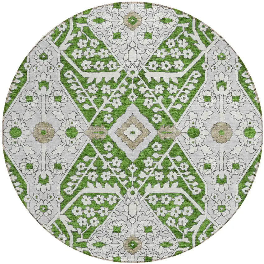 8' Green Gray And Taupe Round Floral Washable Indoor Outdoor Area Rug Photo 2
