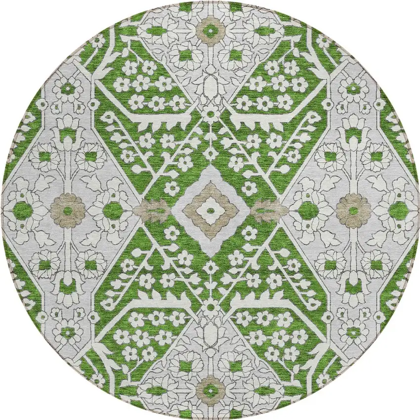 8' Green Gray And Taupe Round Floral Washable Indoor Outdoor Area Rug Photo 6