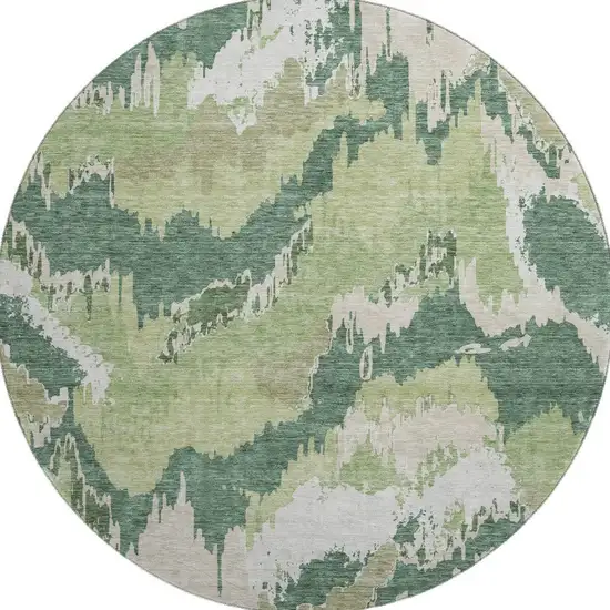 8' Green Ivory And Beige Abstract Washable Round Rug With UV Protection Photo 5