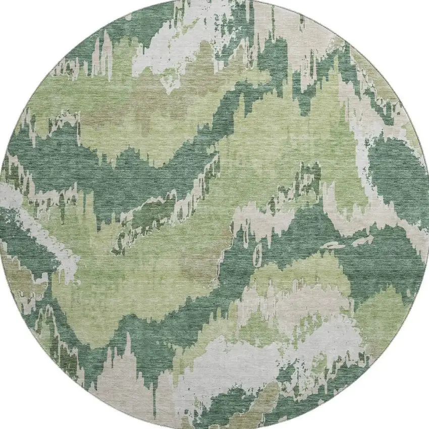 8' Green Ivory And Beige Abstract Washable Round Rug With UV Protection Photo 5