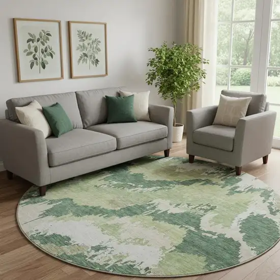 8' Green Ivory And Beige Abstract Washable Round Rug With UV Protection Photo 1