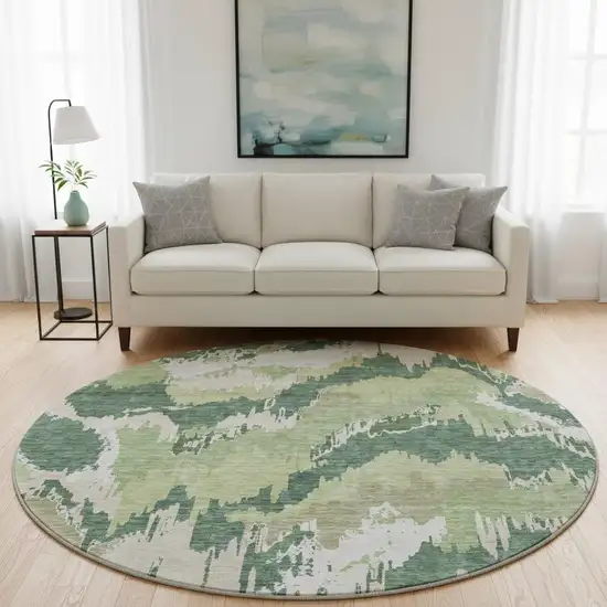 8' Green Ivory And Beige Abstract Washable Round Rug With UV Protection Photo 1