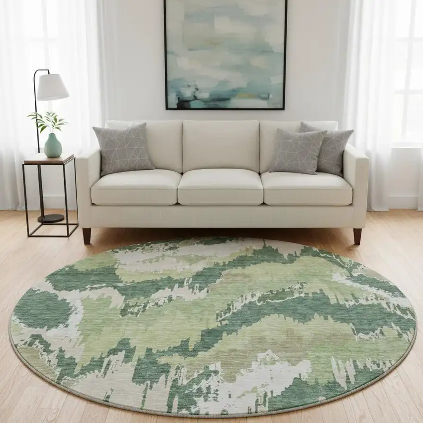 8' Green Ivory And Beige Abstract Washable Round Rug With UV Protection Photo 1