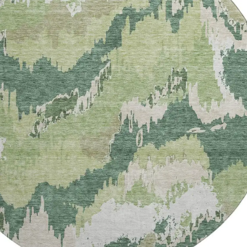 8' Green Ivory And Beige Abstract Washable Round Rug With UV Protection Photo 4