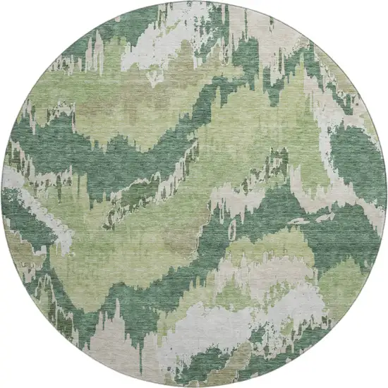 8' Green Ivory And Beige Abstract Washable Round Rug With UV Protection Photo 2