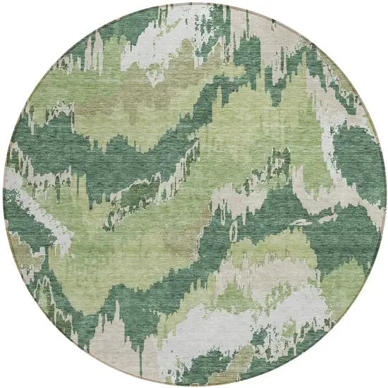 8' Green Ivory And Beige Round Abstract Washable Indoor Outdoor Area Rug Photo 2
