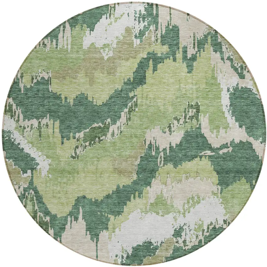 8' Green Ivory And Beige Round Abstract Washable Indoor Outdoor Area Rug Photo 2