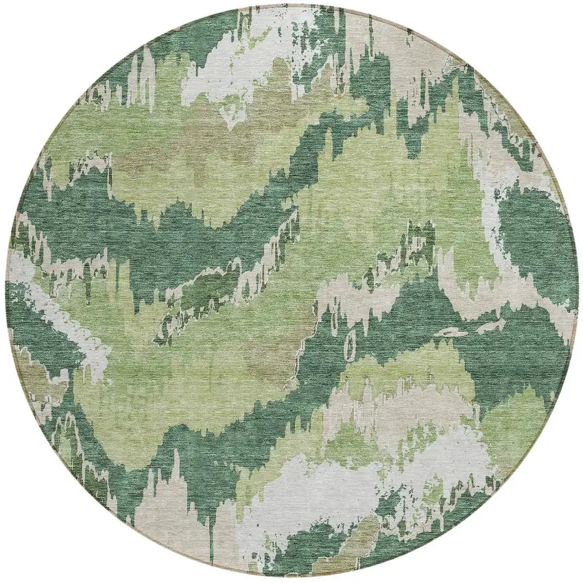 8' Green Ivory And Beige Round Abstract Washable Indoor Outdoor Area Rug Photo 6