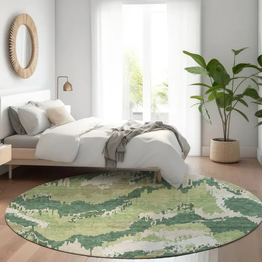 8' Green Ivory And Beige Round Abstract Washable Indoor Outdoor Area Rug Photo 8