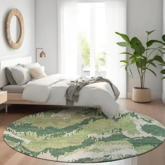 8' Green Ivory And Beige Round Abstract Washable Indoor Outdoor Area Rug Photo 8