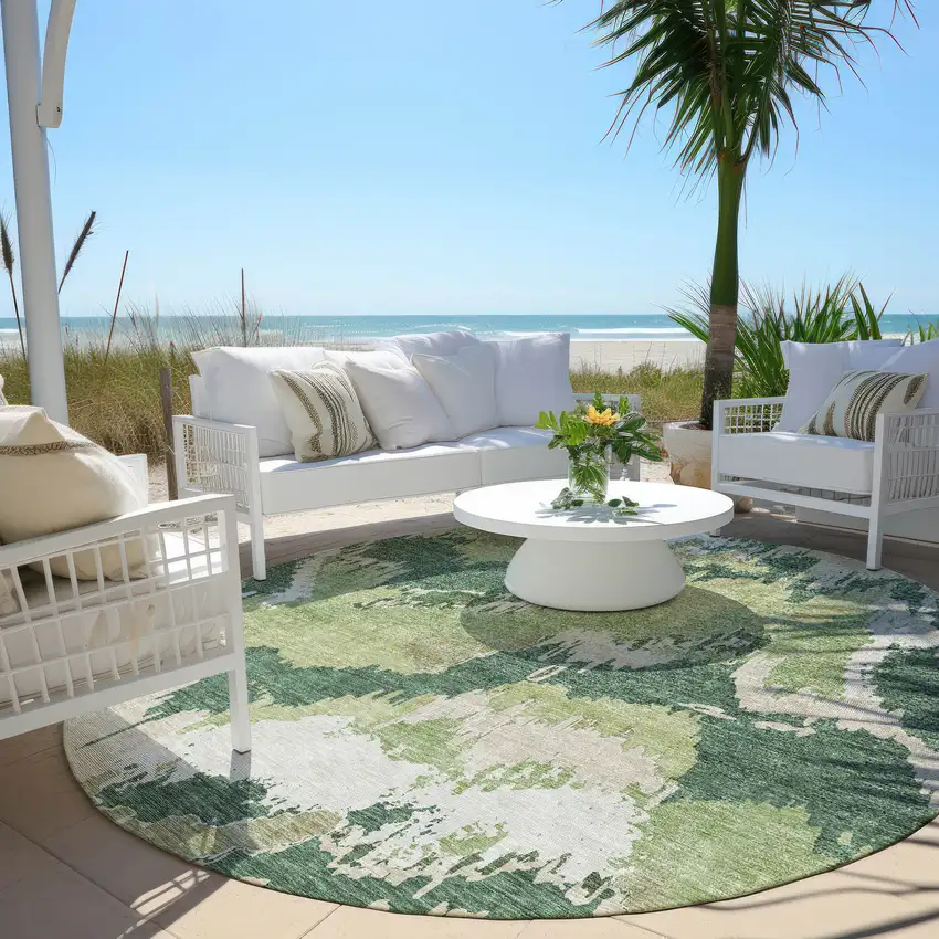 8' Green Ivory And Beige Round Abstract Washable Indoor Outdoor Area Rug Photo 7