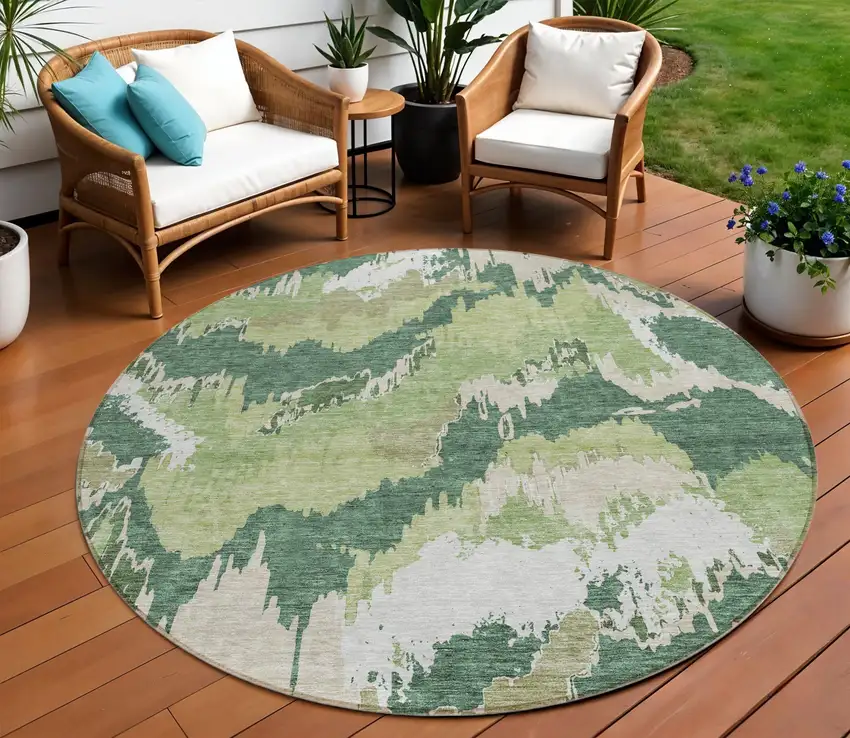 8' Green Ivory And Beige Round Abstract Washable Indoor Outdoor Area Rug Photo 1