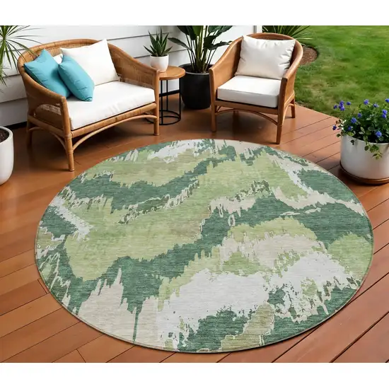 8' Green Ivory And Beige Round Abstract Washable Indoor Outdoor Area Rug Photo 1