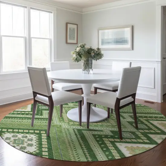 8' Green Ivory And Beige Round Tribal Washable Indoor Outdoor Area Rug Photo 6