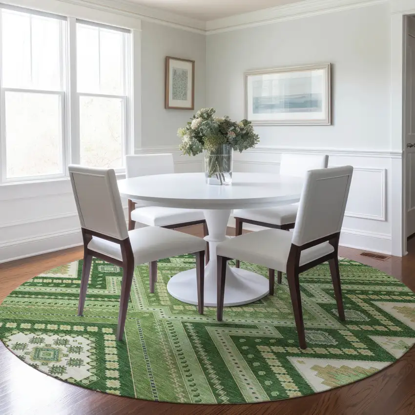 8' Green Ivory And Beige Round Tribal Washable Indoor Outdoor Area Rug Photo 6
