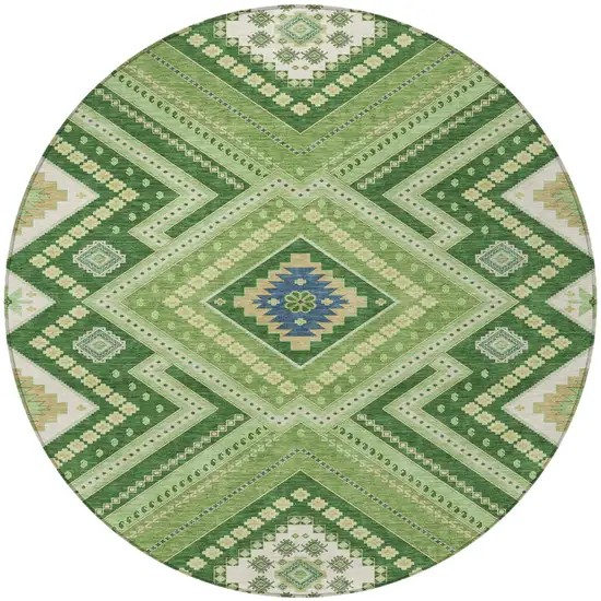 8' Green Ivory And Beige Round Tribal Washable Indoor Outdoor Area Rug Photo 4