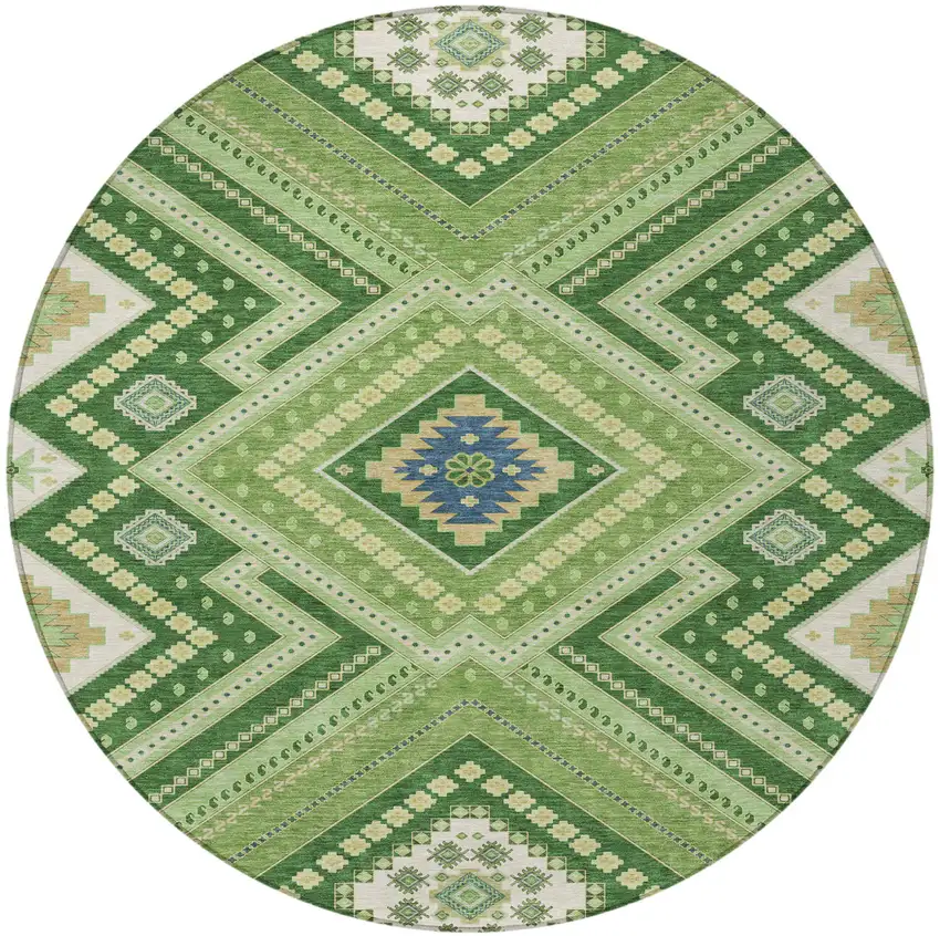 8' Green Ivory And Beige Round Tribal Washable Indoor Outdoor Area Rug Photo 4