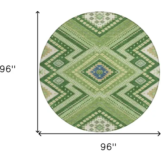 8' Green Ivory And Beige Round Tribal Washable Indoor Outdoor Area Rug Photo 3