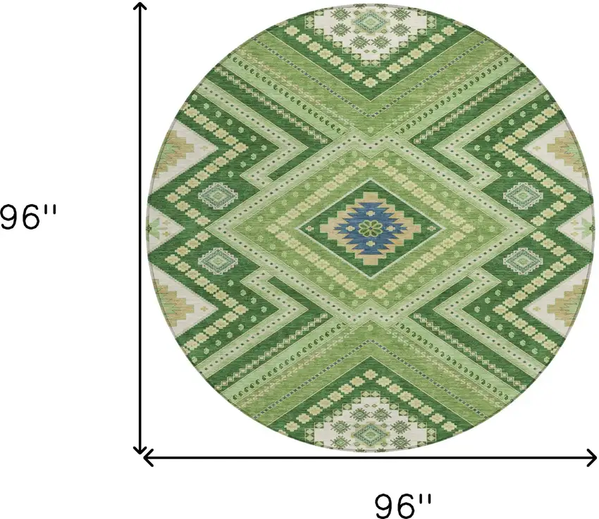 8' Green Ivory And Beige Round Tribal Washable Indoor Outdoor Area Rug Photo 3