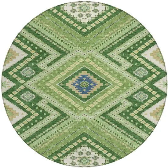 8' Green Ivory And Beige Round Tribal Washable Indoor Outdoor Area Rug Photo 2