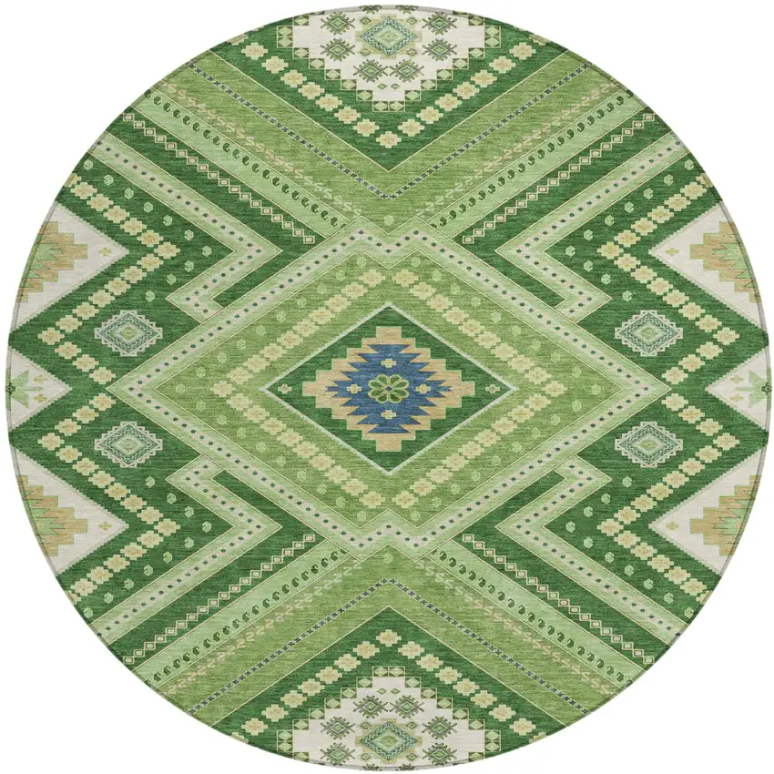 8' Green Ivory And Beige Round Tribal Washable Indoor Outdoor Area Rug Photo 2
