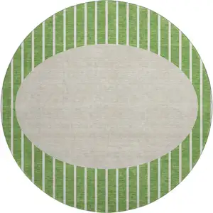 Photo of 8' Green Ivory And Beige Striped Washable Round Rug With UV Protection