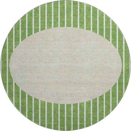 8' Green Ivory And Beige Striped Washable Round Rug With UV Protection Photo 1