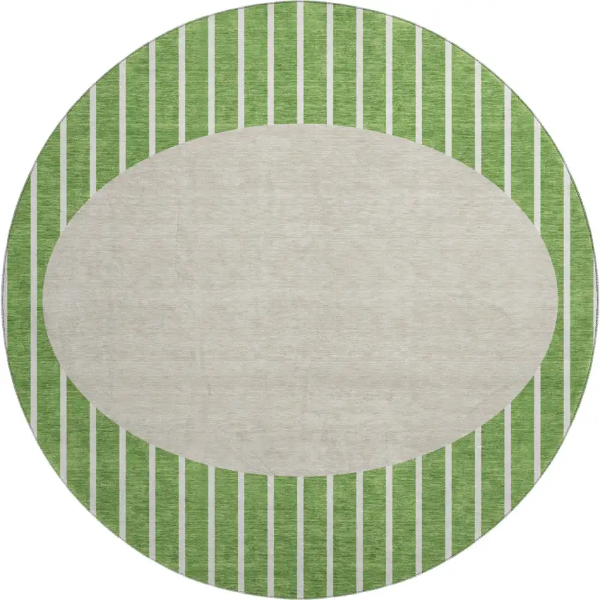 8' Green Ivory And Beige Striped Washable Round Rug With UV Protection Photo 1
