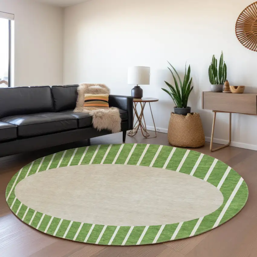 8' Green Ivory And Beige Striped Washable Round Rug With UV Protection Photo 4