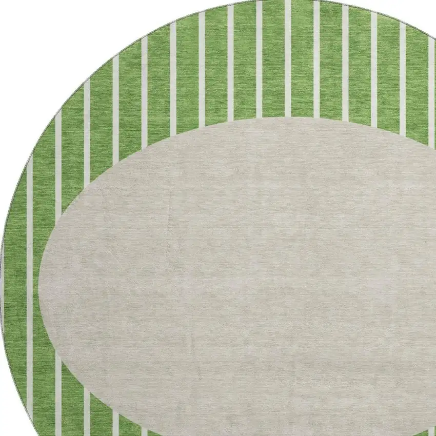 8' Green Ivory And Beige Striped Washable Round Rug With UV Protection Photo 2