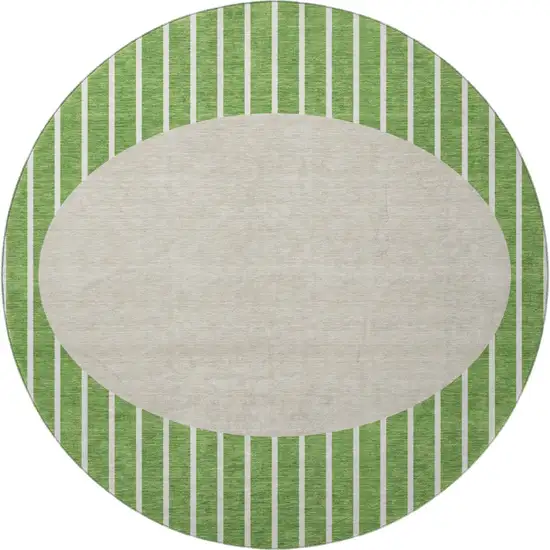 8' Green Ivory And Beige Striped Washable Round Rug With UV Protection Photo 3