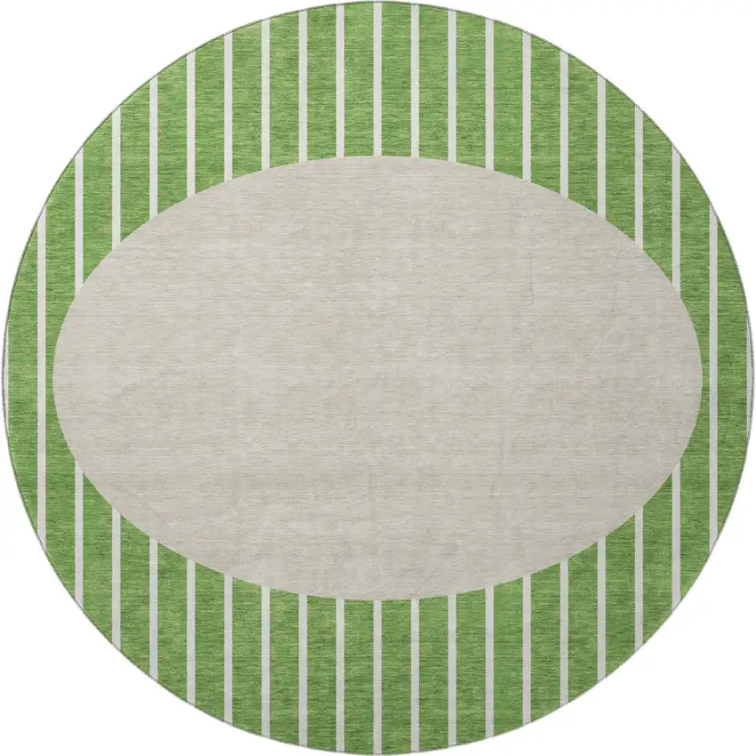 8' Green Ivory And Beige Striped Washable Round Rug With UV Protection Photo 3