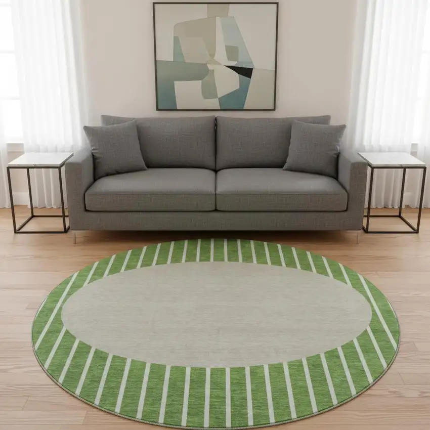 8' Green Ivory And Beige Striped Washable Round Rug With UV Protection Photo 2