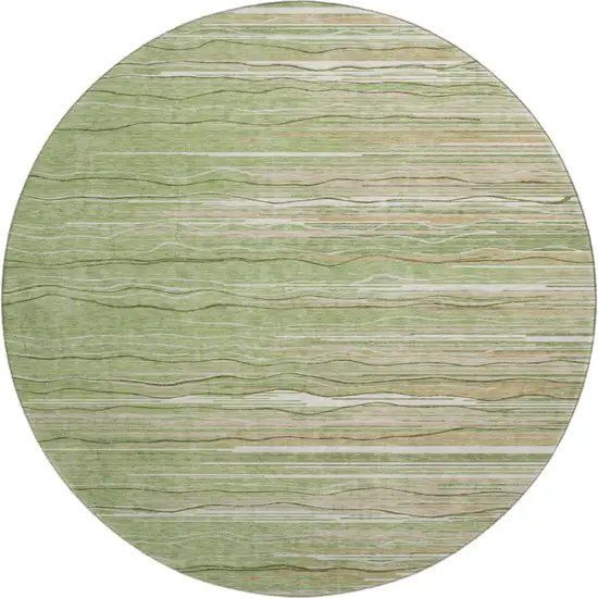 8' Green Ivory And Beige Striped Washable Round Rug With UV Protection Photo 1