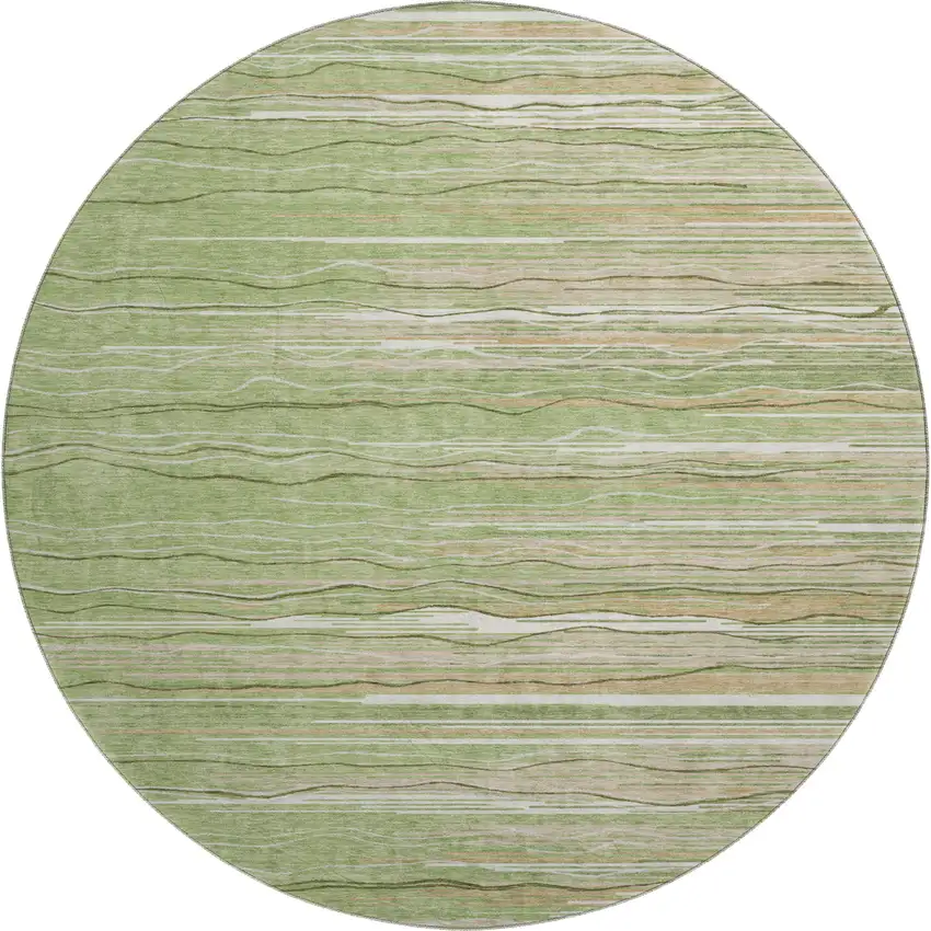 8' Green Ivory And Beige Striped Washable Round Rug With UV Protection Photo 1