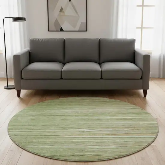 8' Green Ivory And Beige Striped Washable Round Rug With UV Protection Photo 2