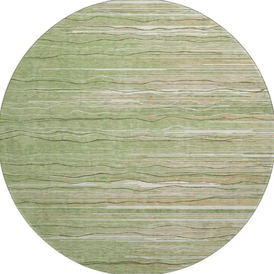 8' Green Ivory And Beige Striped Washable Round Rug With UV Protection Photo 3
