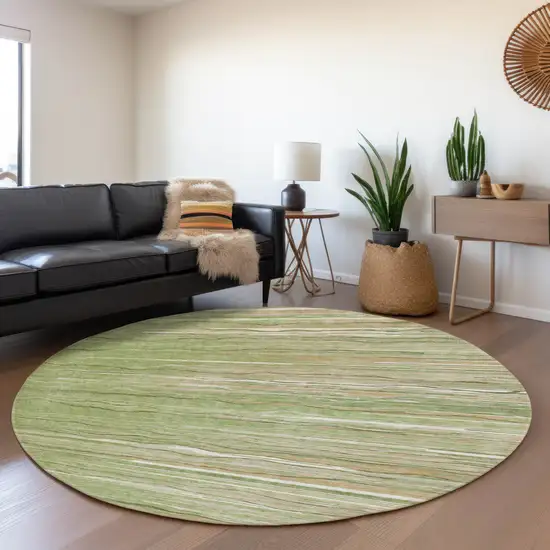 8' Green Ivory And Beige Striped Washable Round Rug With UV Protection Photo 4