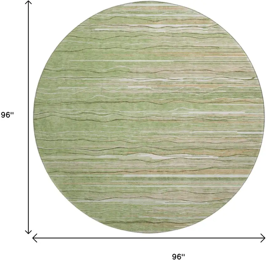 8' Green Ivory And Beige Striped Washable Round Rug With UV Protection Photo 9