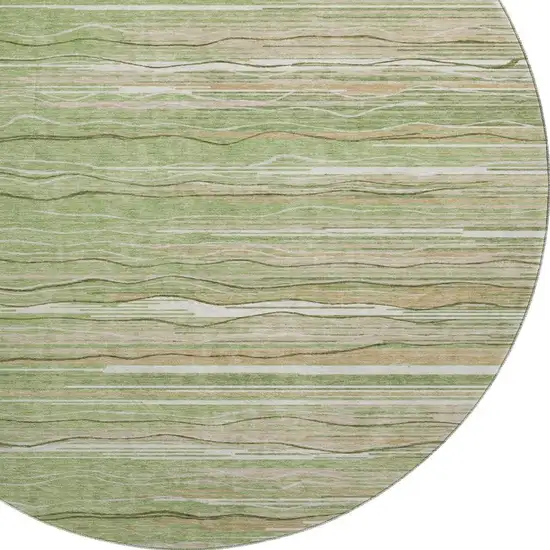 8' Green Ivory And Beige Striped Washable Round Rug With UV Protection Photo 2