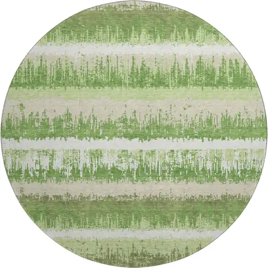 8' Green Ivory And Beige Striped Washable Round Rug With UV Protection Photo 1
