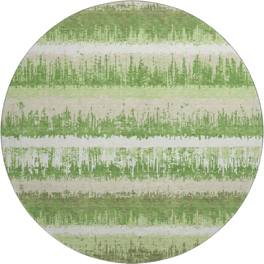8' Green Ivory And Beige Striped Washable Round Rug With UV Protection Photo 1