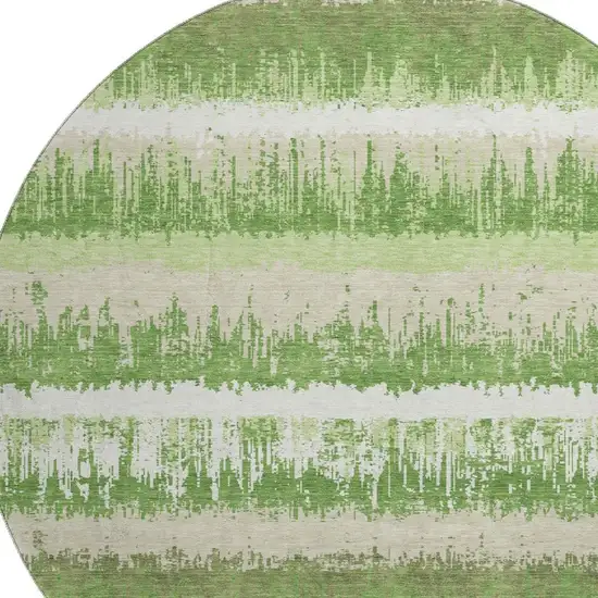 8' Green Ivory And Beige Striped Washable Round Rug With UV Protection Photo 2