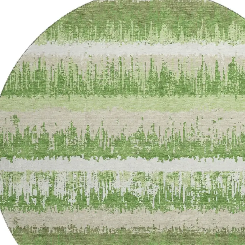 8' Green Ivory And Beige Striped Washable Round Rug With UV Protection Photo 2