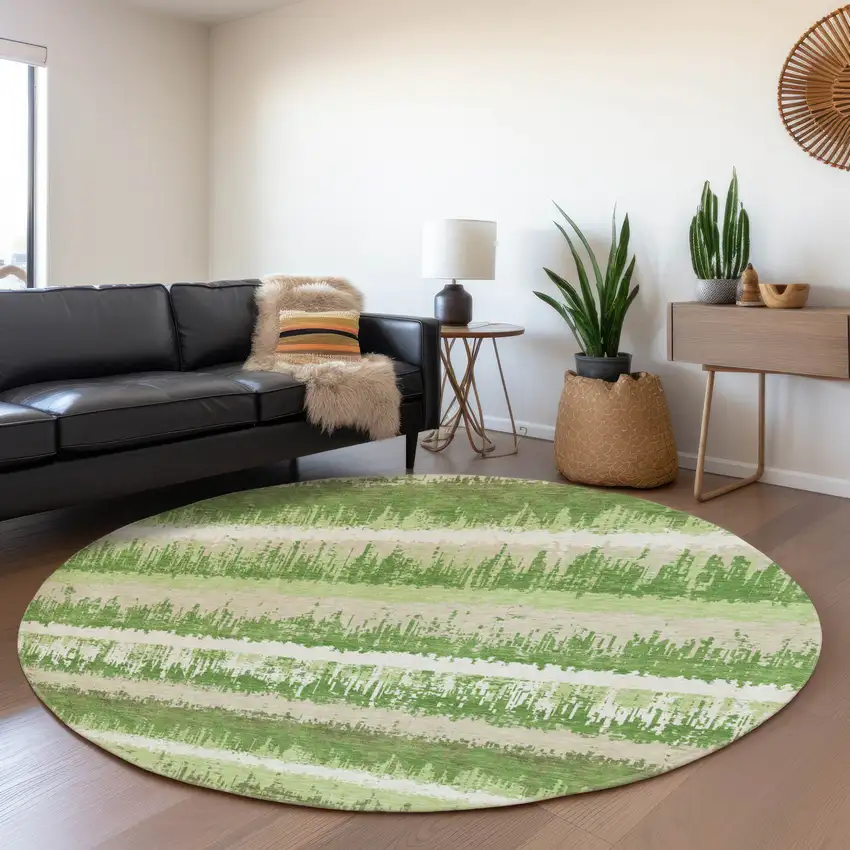 8' Green Ivory And Beige Striped Washable Round Rug With UV Protection Photo 4