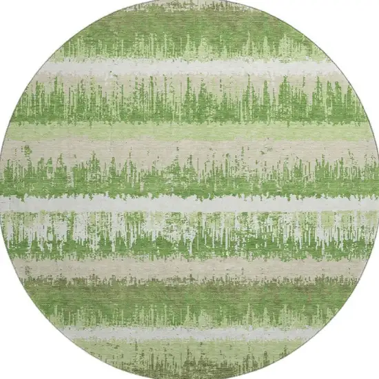 8' Green Ivory And Beige Striped Washable Round Rug With UV Protection Photo 3