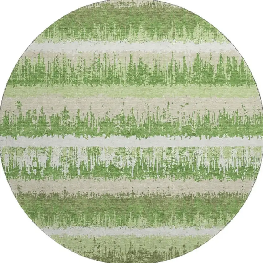 8' Green Ivory And Beige Striped Washable Round Rug With UV Protection Photo 3